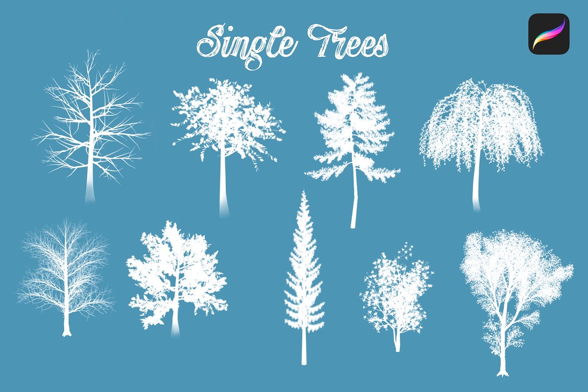 Big diversity of single trees painted with brushes.