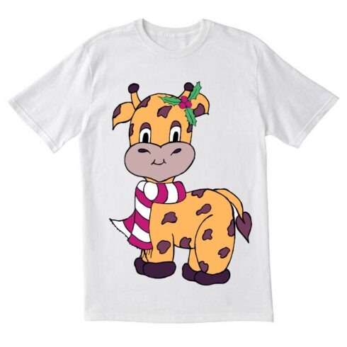 Image of white t-shirt with colorful giraffe print.