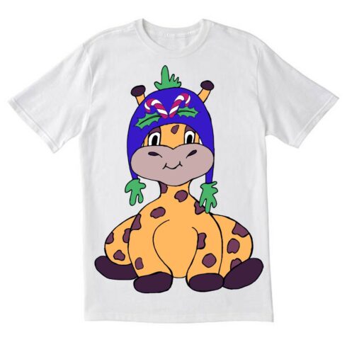 Image of a white t-shirt with a unique print of a giraffe in a winter hat.