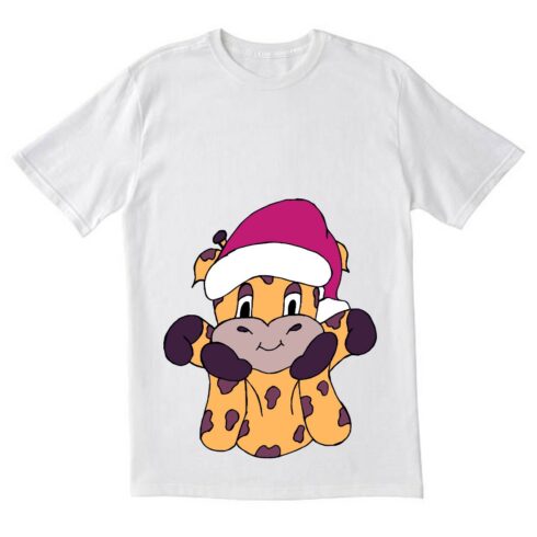 Image of a white t-shirt with a gorgeous giraffe print in a Christmas look.