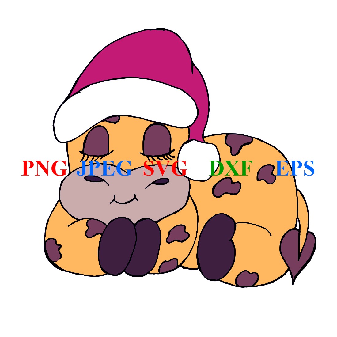 Adorable picture with a sleeping giraffe wearing a Santa hat.