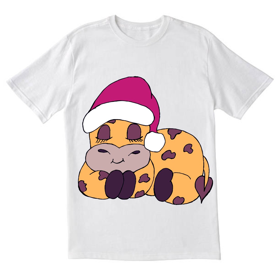 Image of a white t-shirt with a gorgeous print of a sleeping giraffe wearing a santa hat.