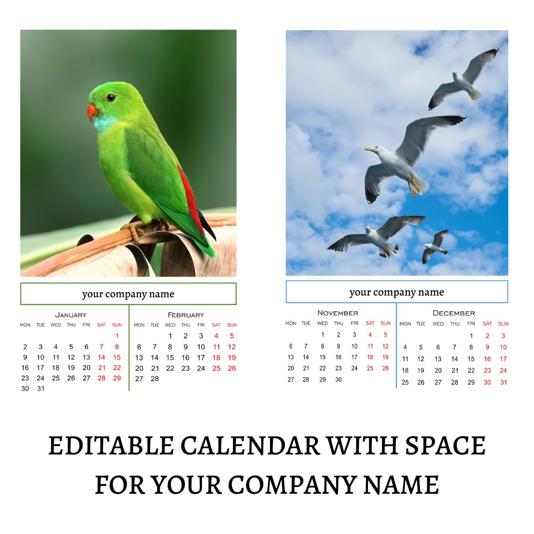 Editable calendar with space for your company name.