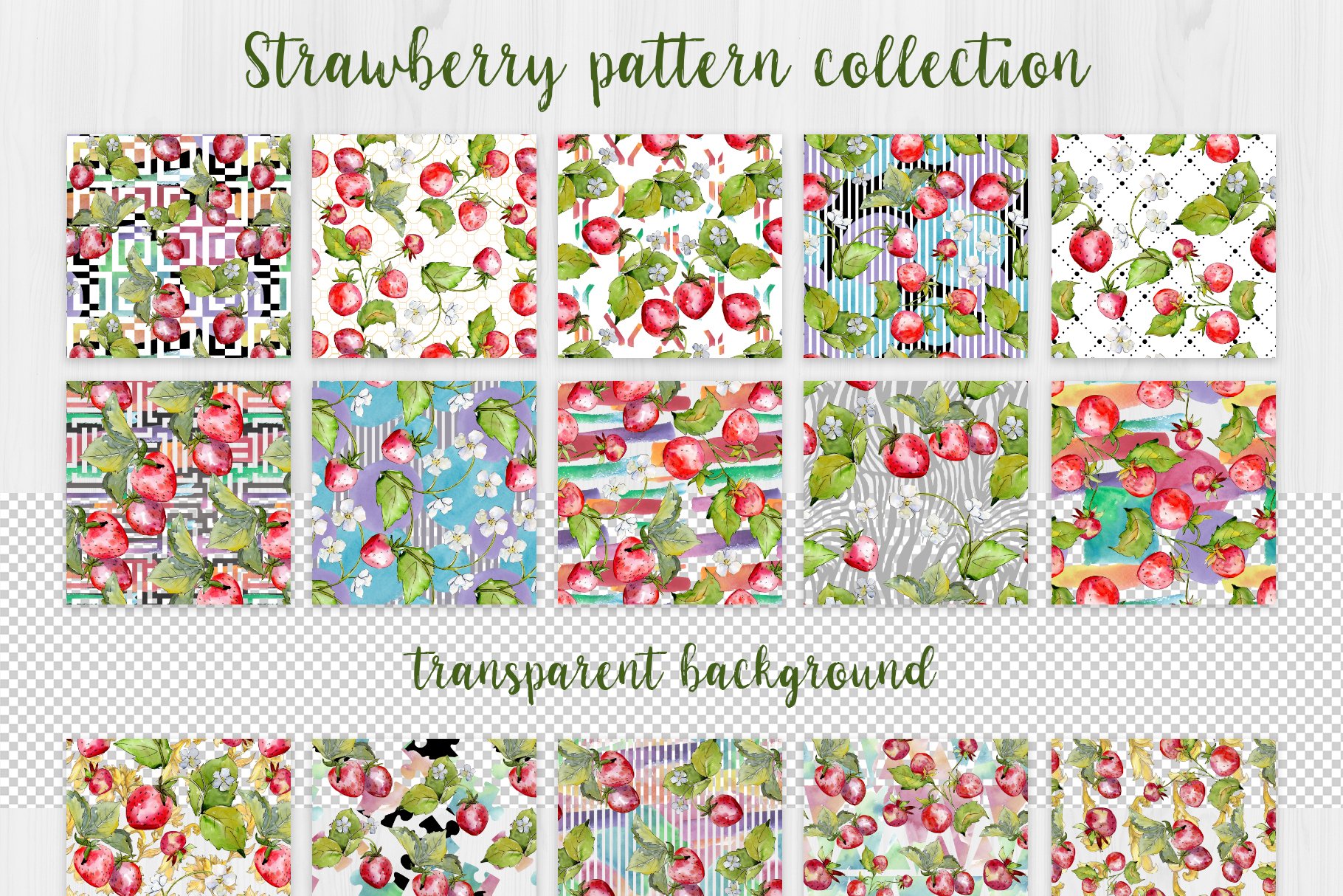 Strawberries patterns collection.