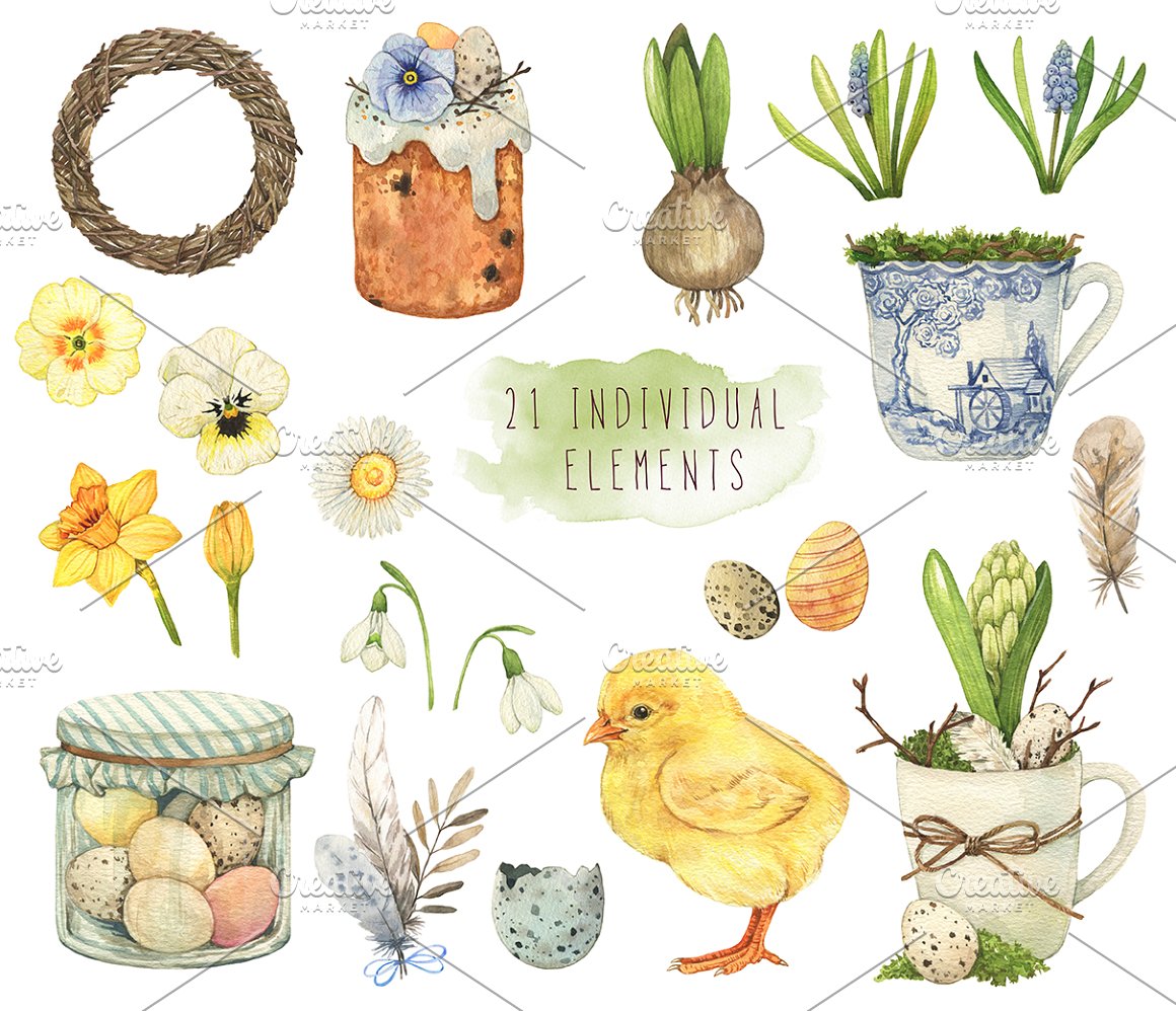 A set of 21 individual elements - wreath, flowers, easter cake, chicken and eggs on a white background.
