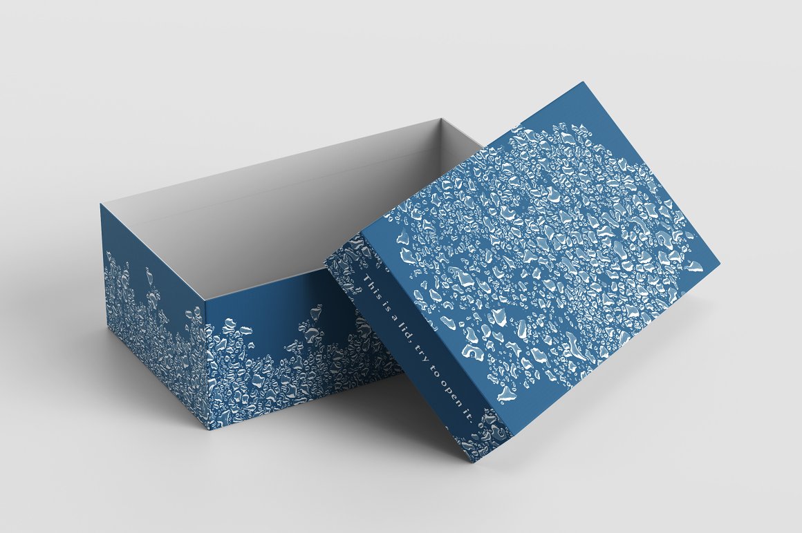 Blue box with water drop brushes on a gray background.