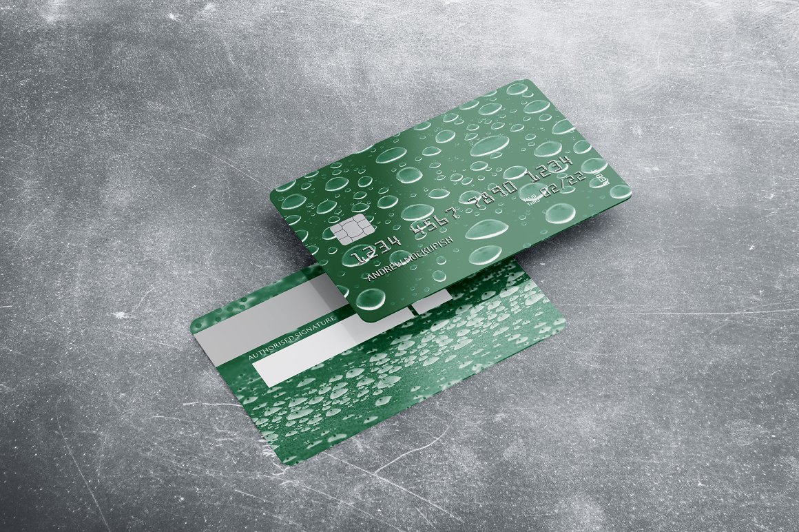 Green bank card with water drop brushes on a gray background.