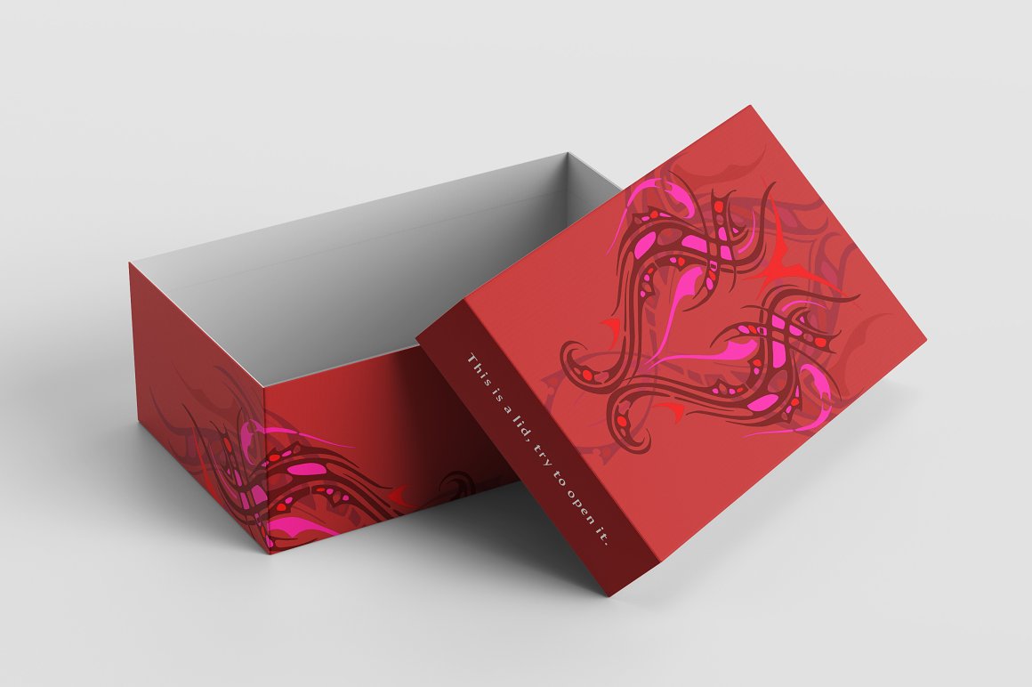 Red box with tattoo designs on a gray background.