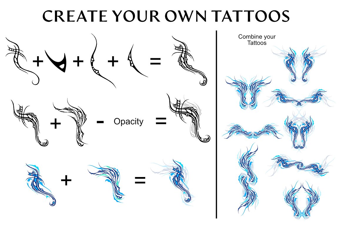 Black lettering "Create your own tattoos" and 3 black and blue example of it.