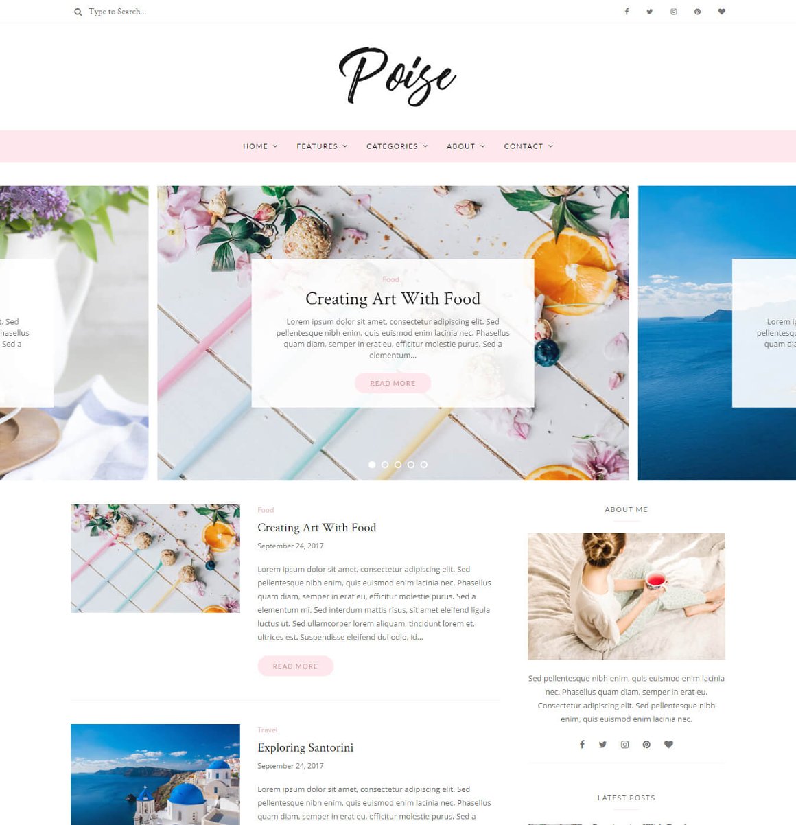 Homepage in light tones of poise WordPress blog theme.