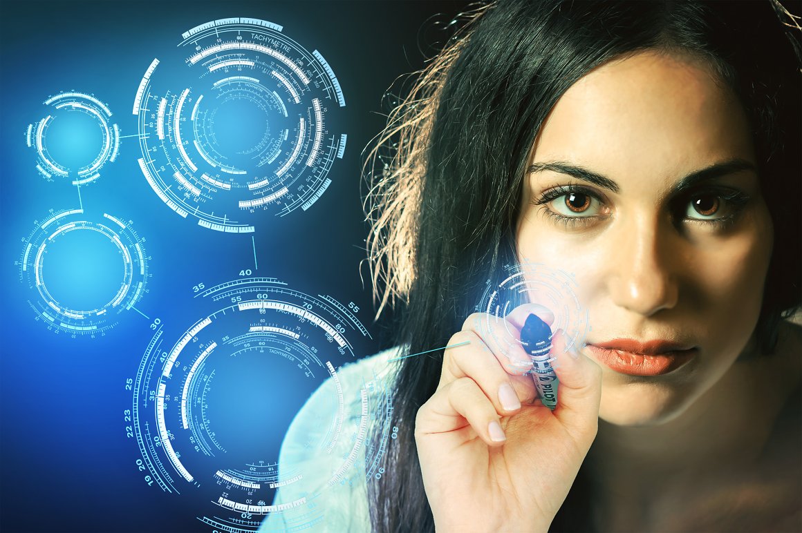 Picture of a girl with dark hair and futuristic circles.