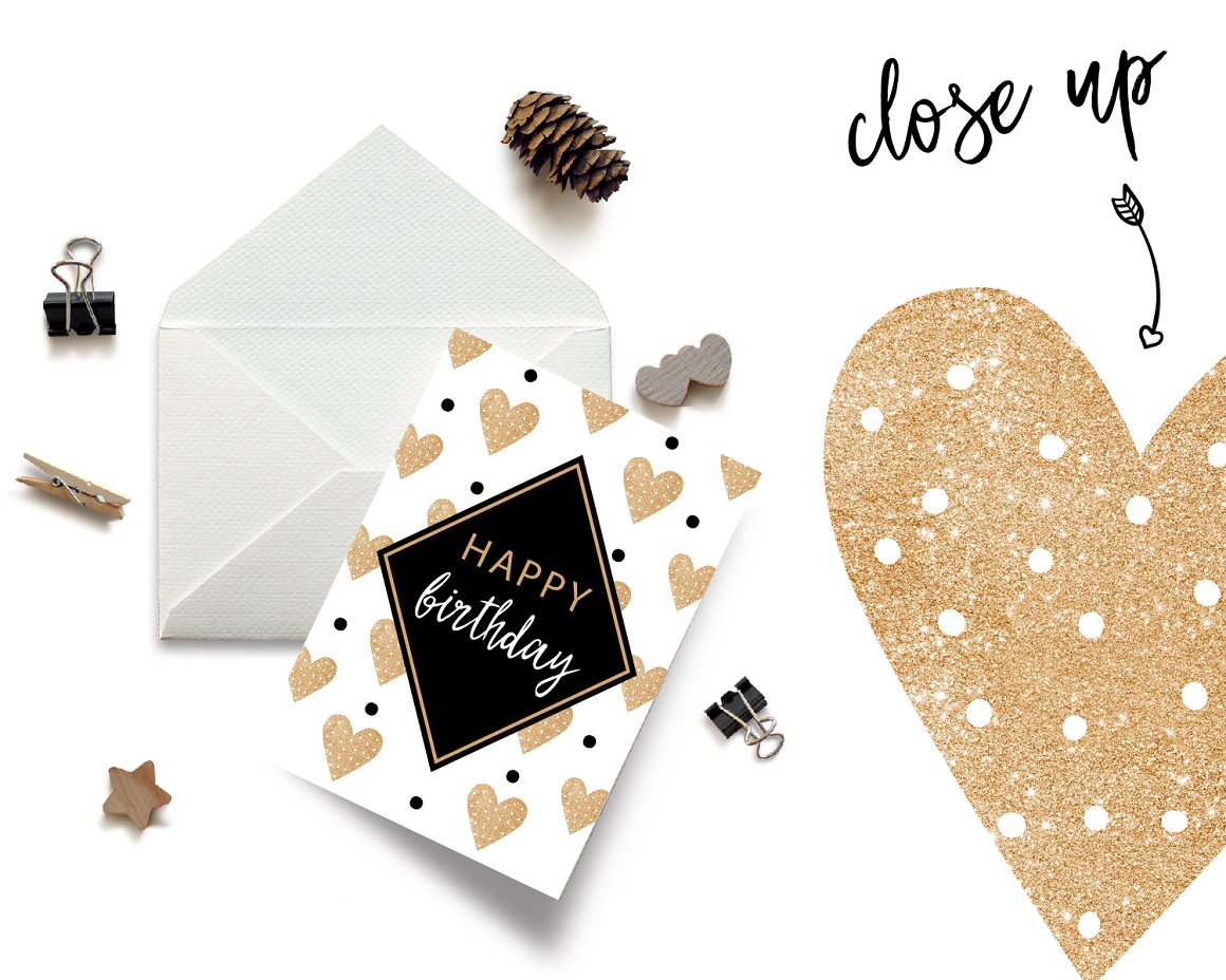 A white-black greeting card with golden-white lettering "Happy birthday" and golden glitter hearts, and a white envelope on a white background.