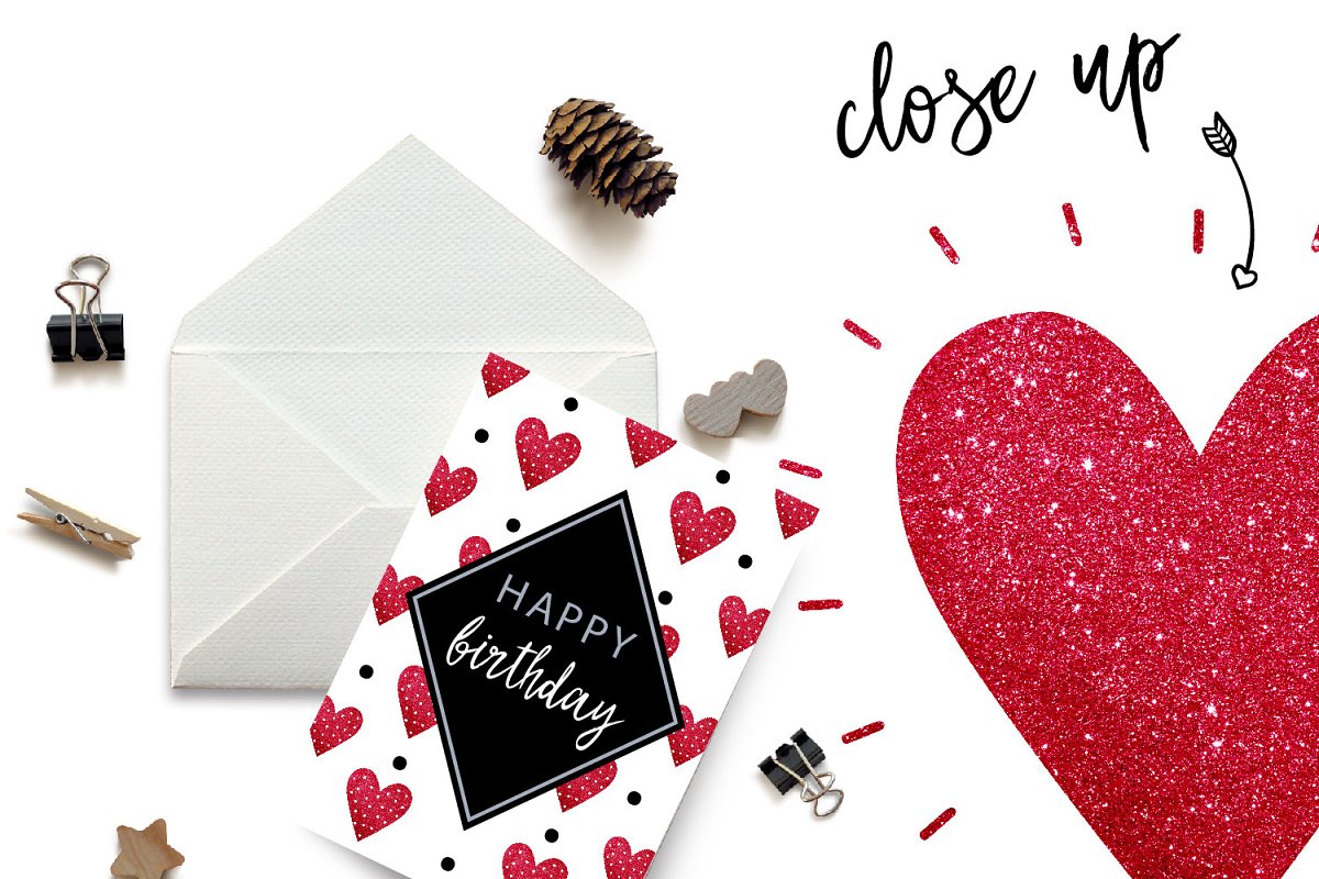 Red Glitter Heart Clip Art - happy birthday card design.
