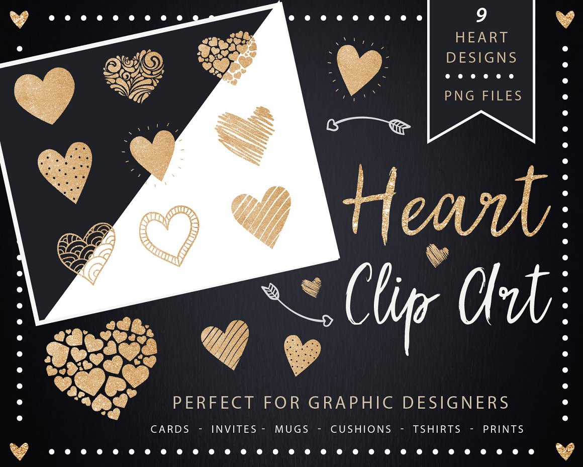 Golden-white lettering "Heart Clip Art" and 9 different golden glitter hearts on a black background.