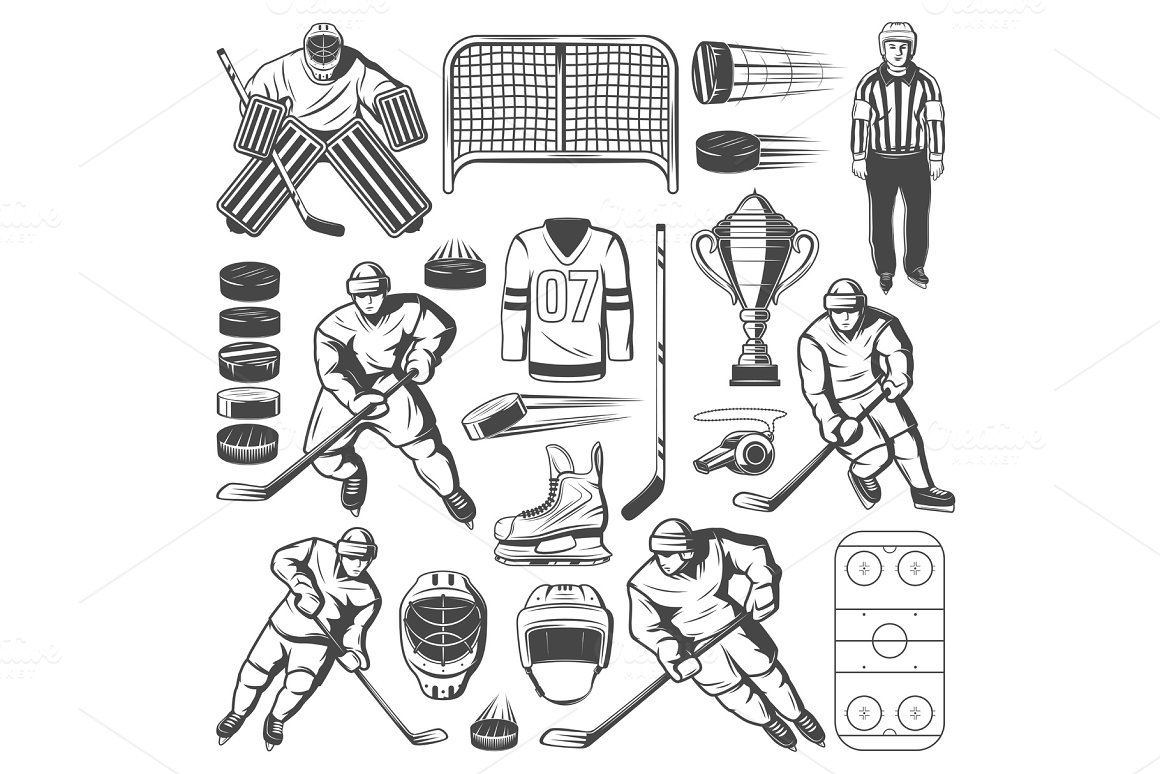 A set of different black ice hockey icons on a white background.