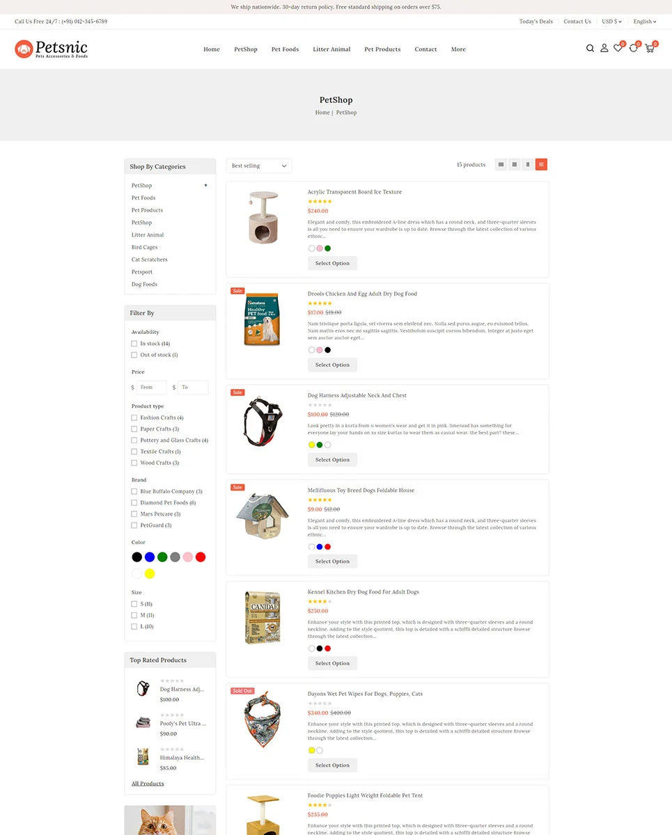 An example of different products for pets in web version pets store shopify.