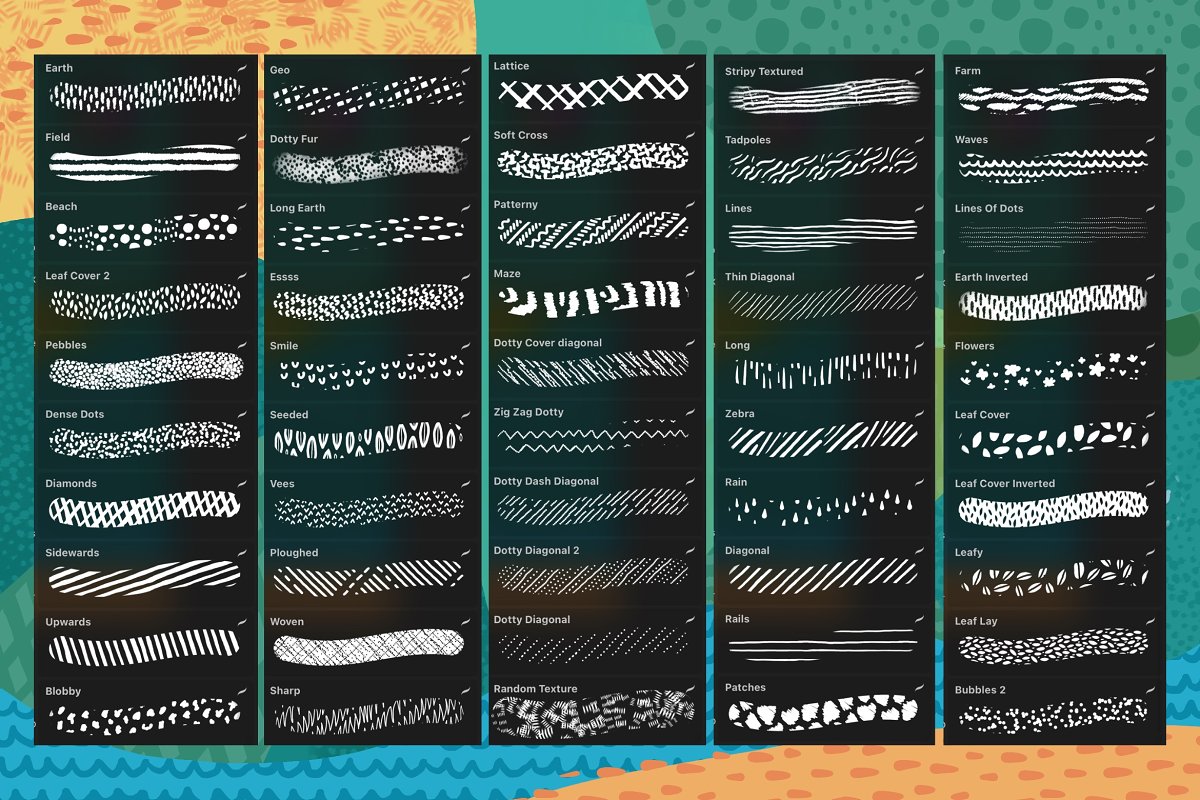 There are 57 Procreate pattern brushes.