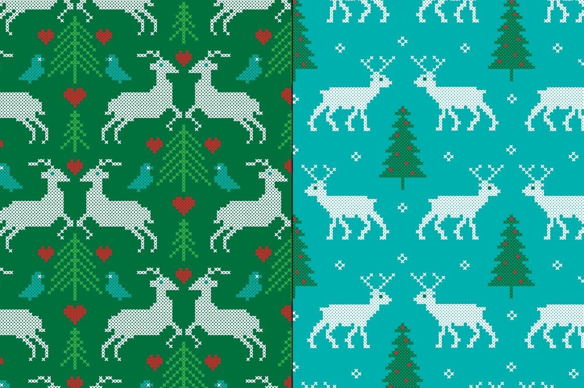 Two green and blue patterns with the deers.