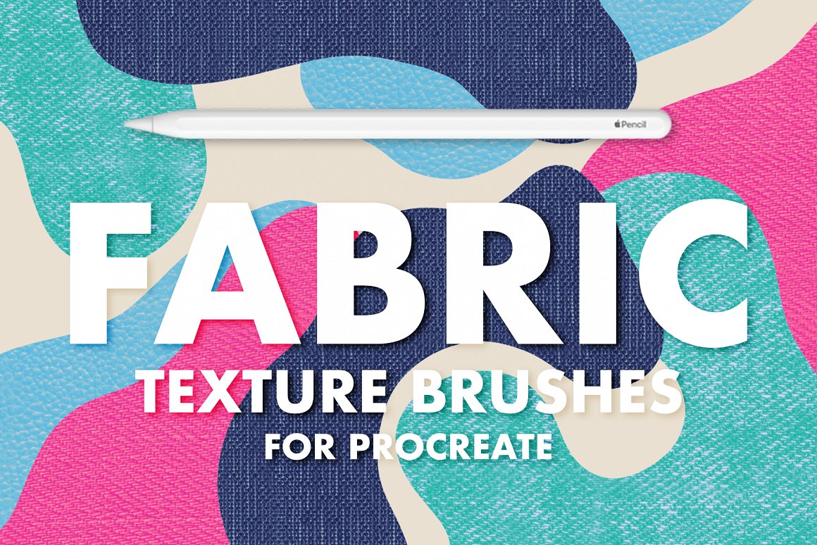 White lettering "Fabric Texture Brushes For Procreate" on a texture background.