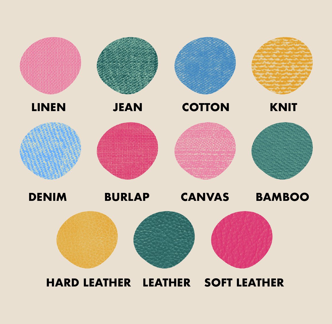 A set of 11 different colorful fabric texture brushes on a beige background.