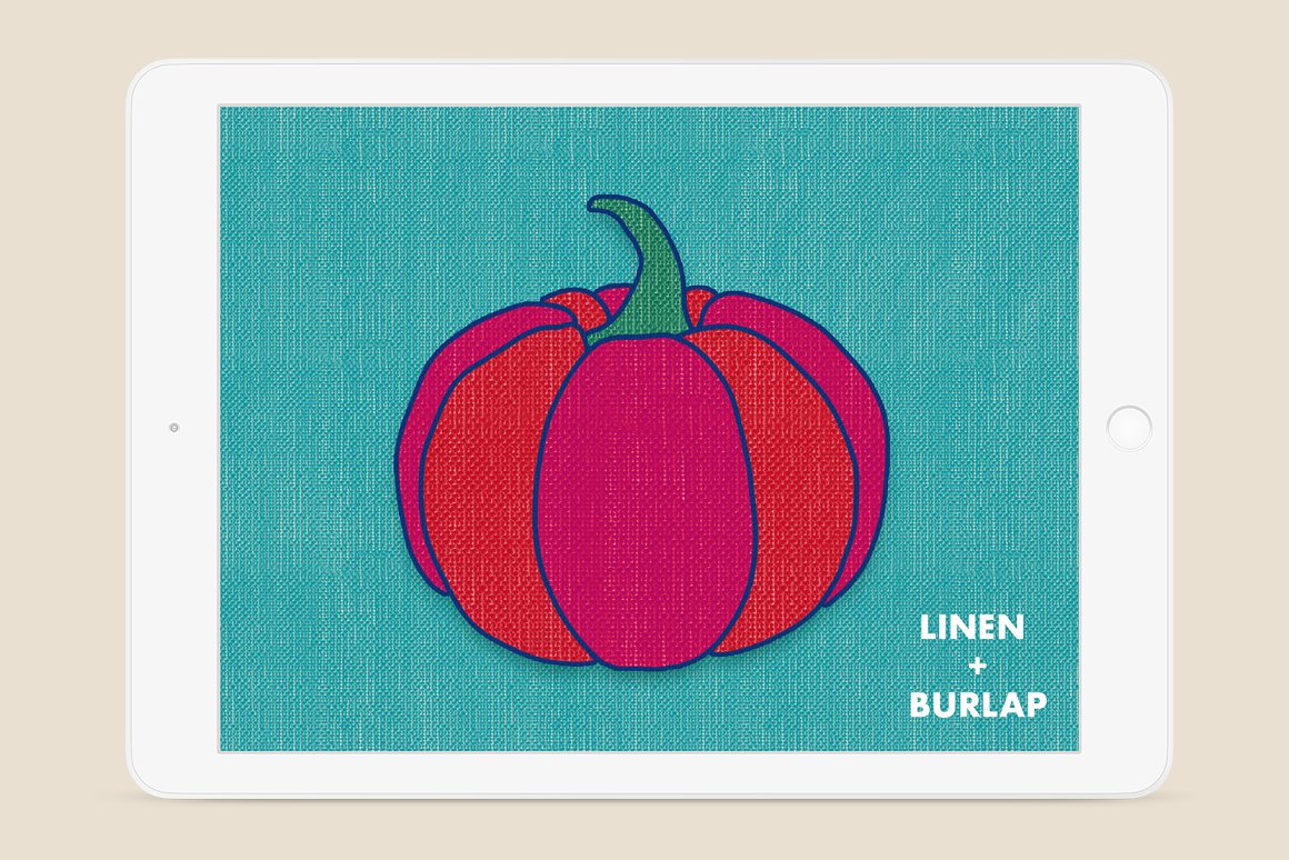Ipad mockup with illustration of a red pumpkin on a green background.