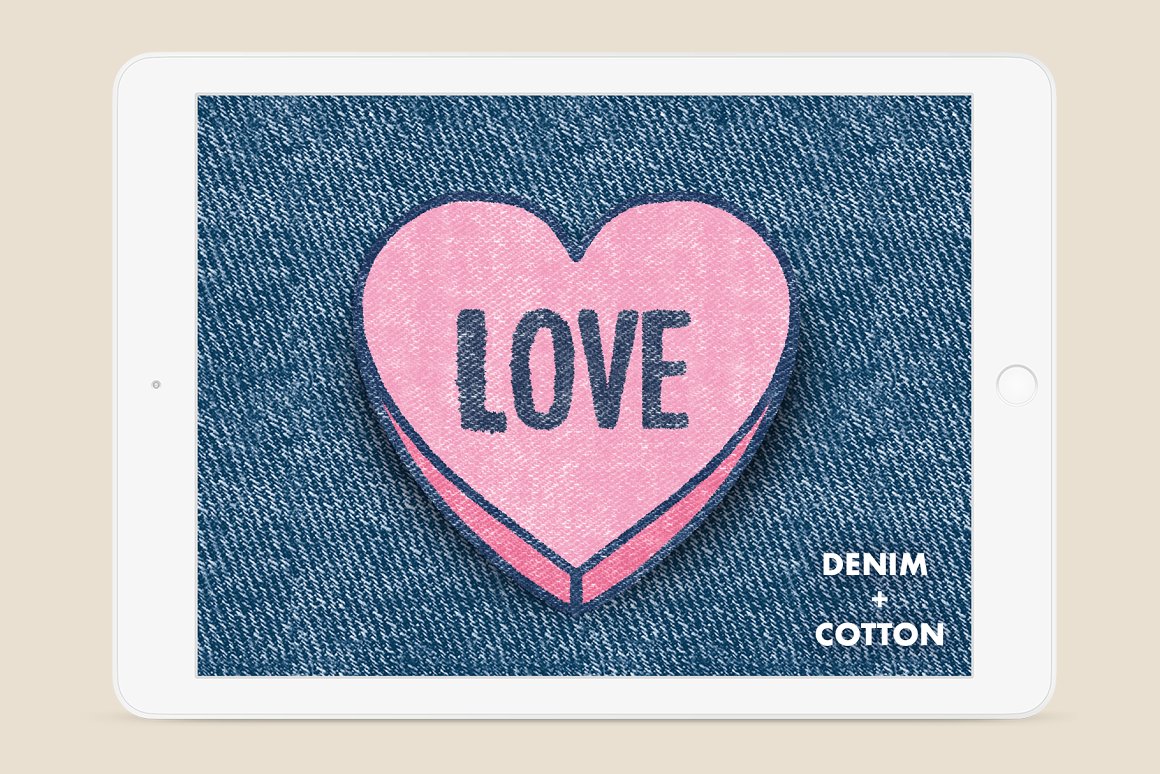 Pink heart with lettering "LOVE" on a jeans texture background on the ipad mockup.