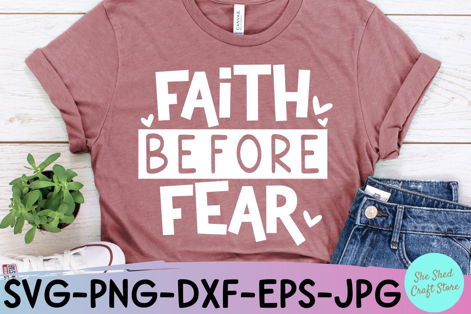 Pink t-shirt design with Faith Before Fear SVG.