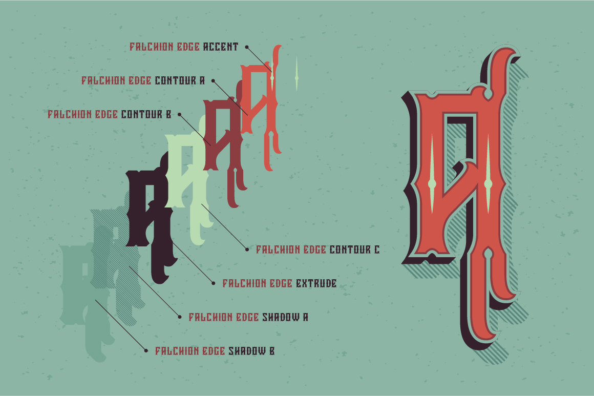 An image with a demo page of the layers of the wonderful Falchion Edge font.