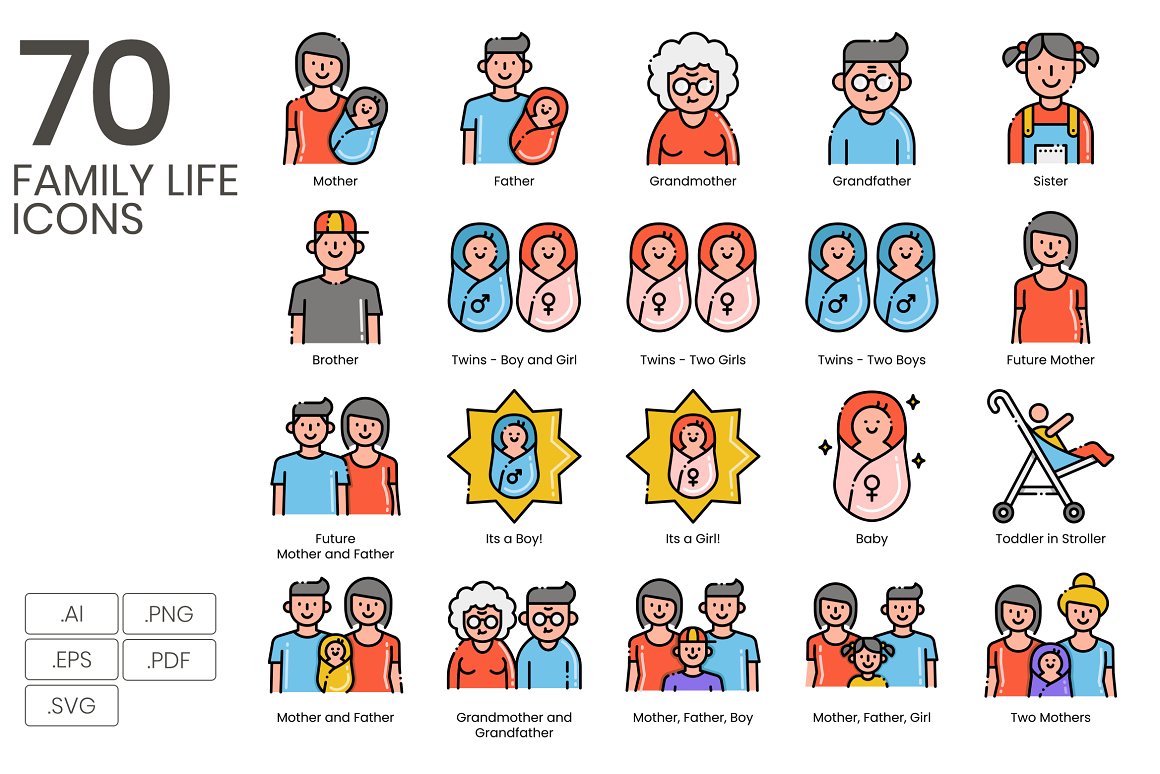 Black lettering "70 Family Life Icons" and different colorful icons on a white background.