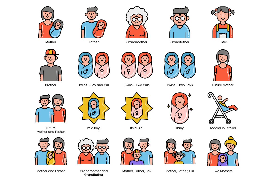 A set of 20 different family life icons on a white background.