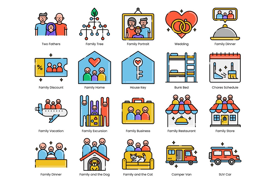 Clipart of 20 colorful family life icons on a white background.
