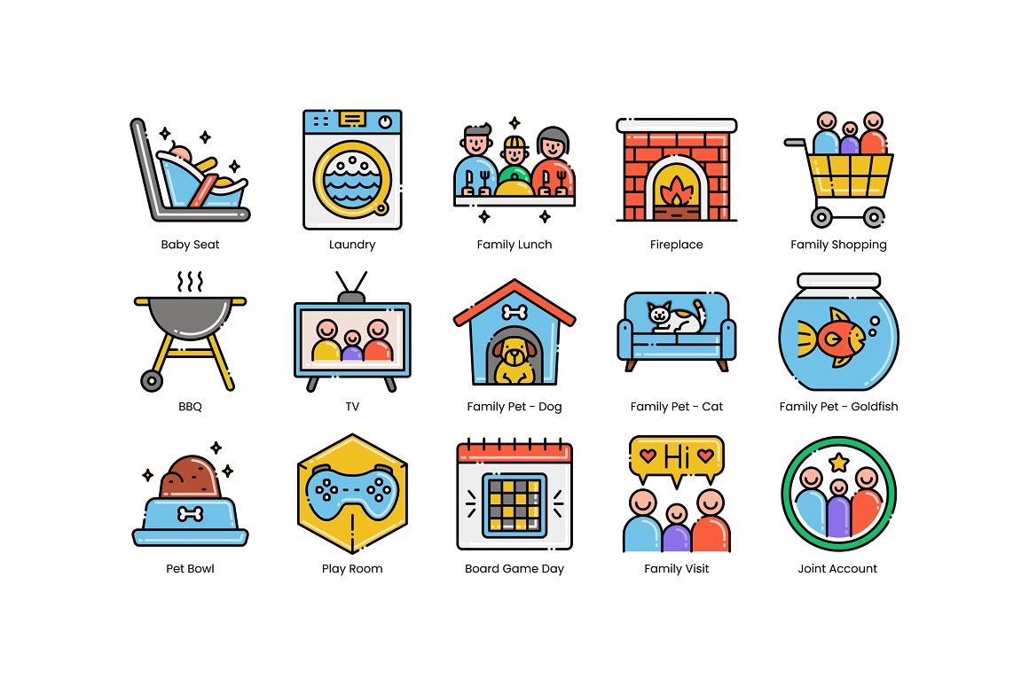 15 different colorful family life icons on a white background.