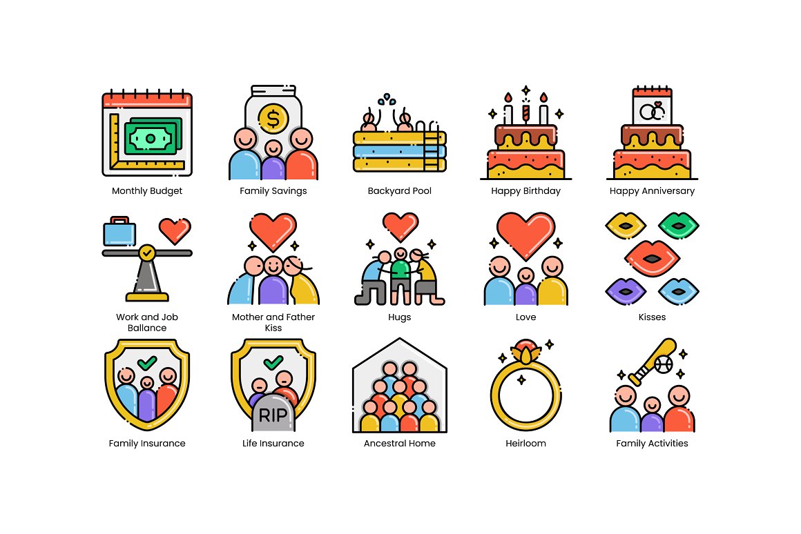 Colorful set of 15 different family life icons.