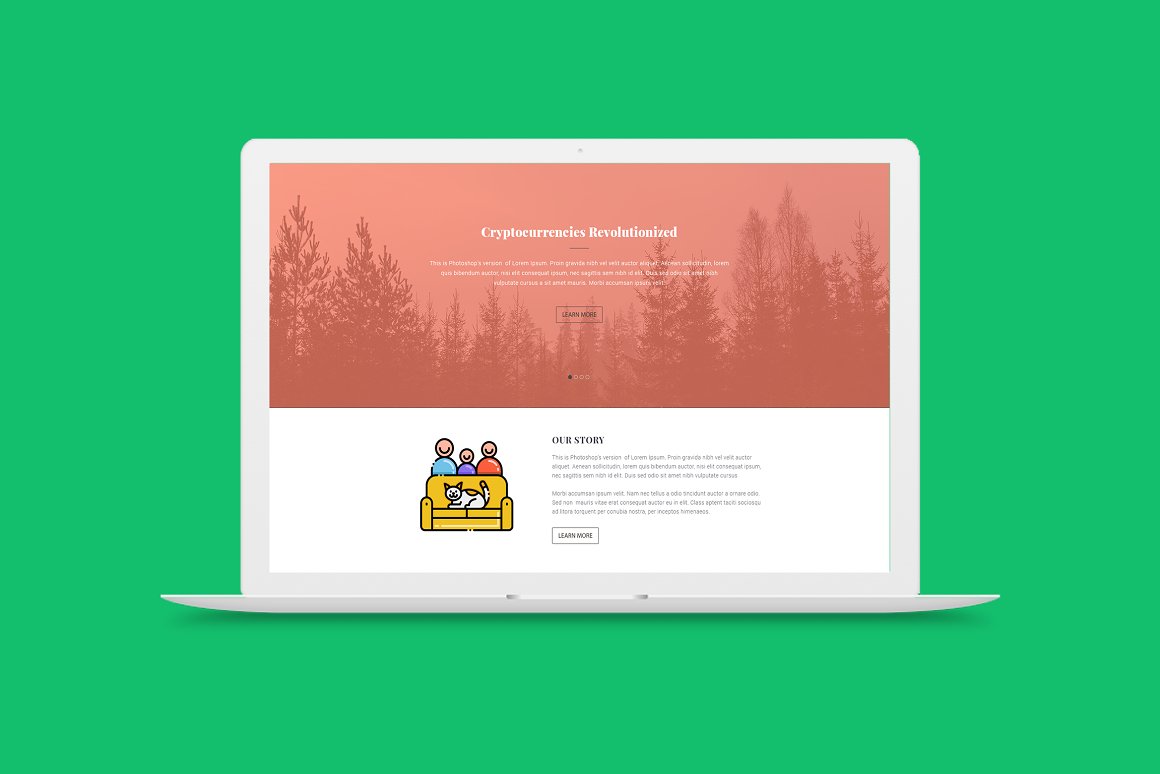 Mockup of macbook with website with icon on a green background.