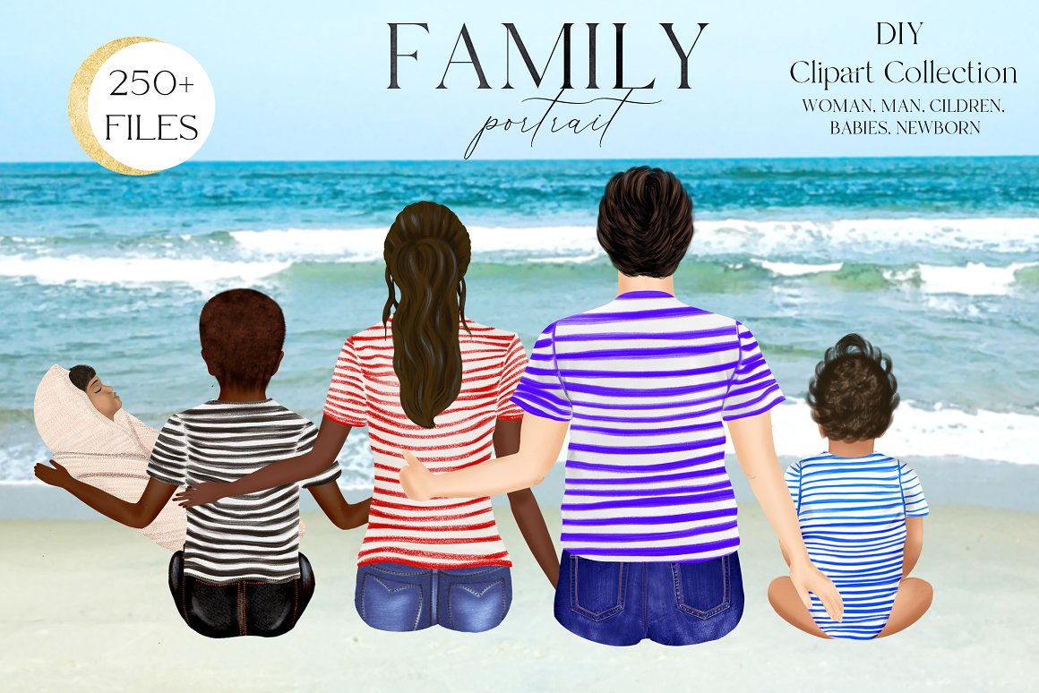 Black lettering "Family portrait" and illustration of sitting family on the beach of sea.