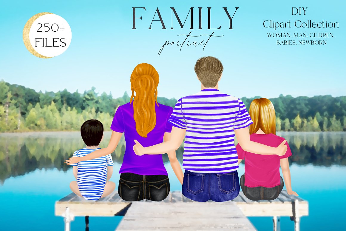 Watercolor illustration of sitting family near the lake and black lettering "Family portrait".