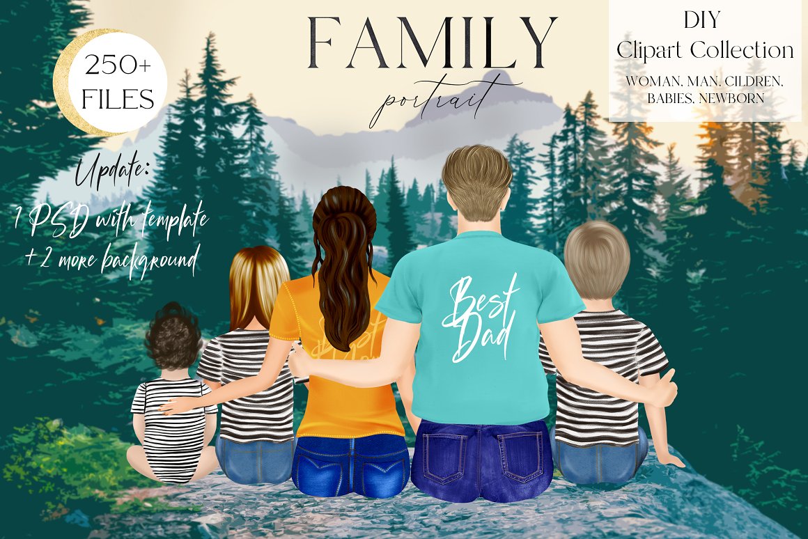 Illustration of sitting family in the forest and black lettering "Family portrait".