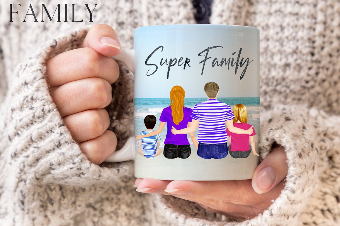 Cup with black lettering "Super Family" and illustration of sitting family on the beach of sea.
