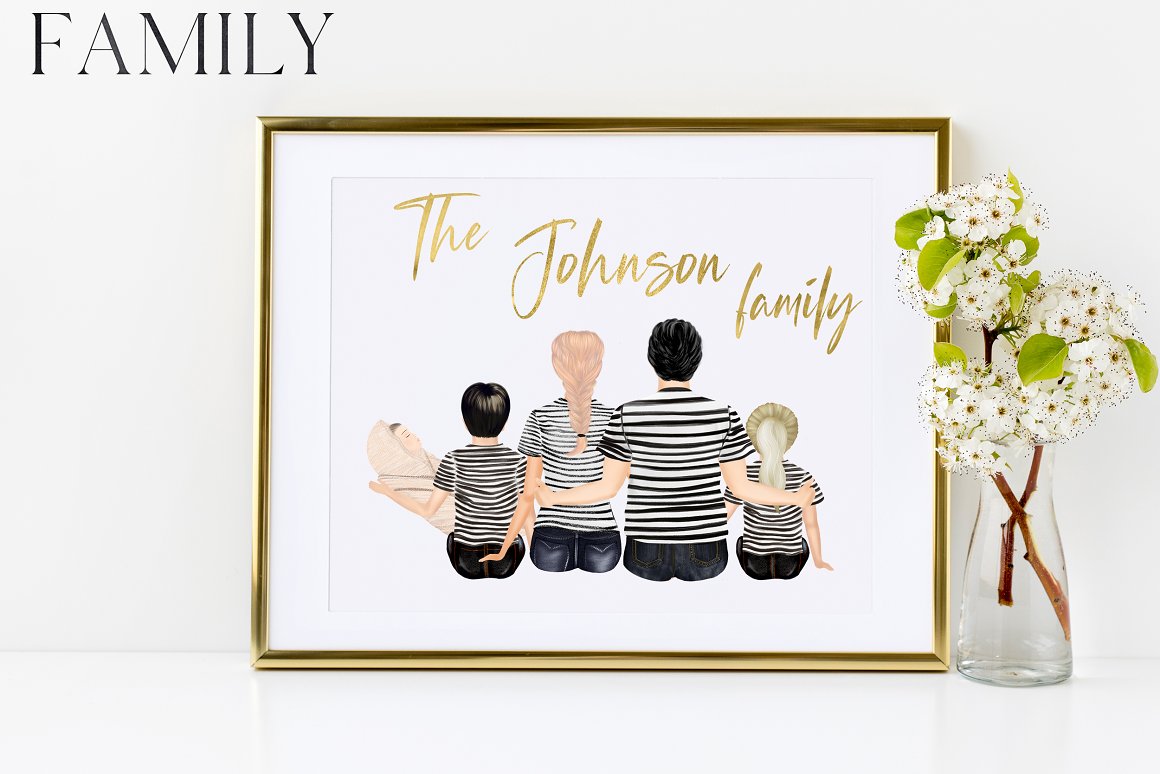 Painting with golden lettering and illustration of sitting family in golden frame.