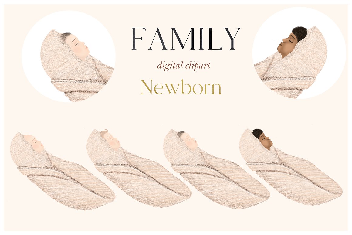 A set of illustrations of newborn in different skin tones.