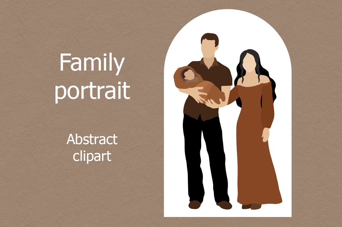 White lettering "Family portrait" on a brown background and illustration of parents and baby.