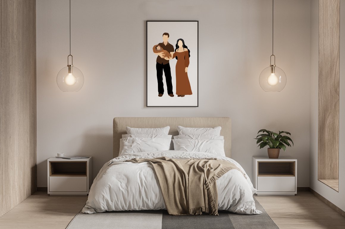 Picture of parents and child in a brown frame on the wall in the bedroom.