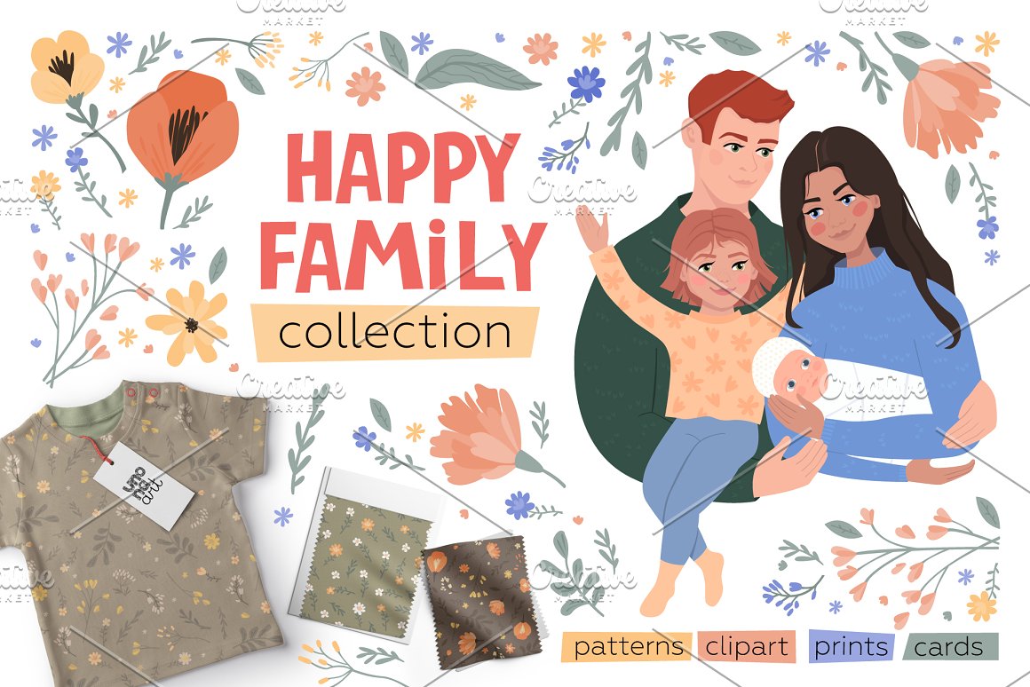 Red lettering "Happy Family" and illustration of a family.