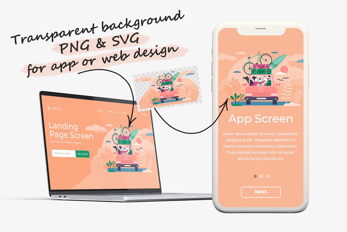 Landing page design in mockups of macbook and iphone.