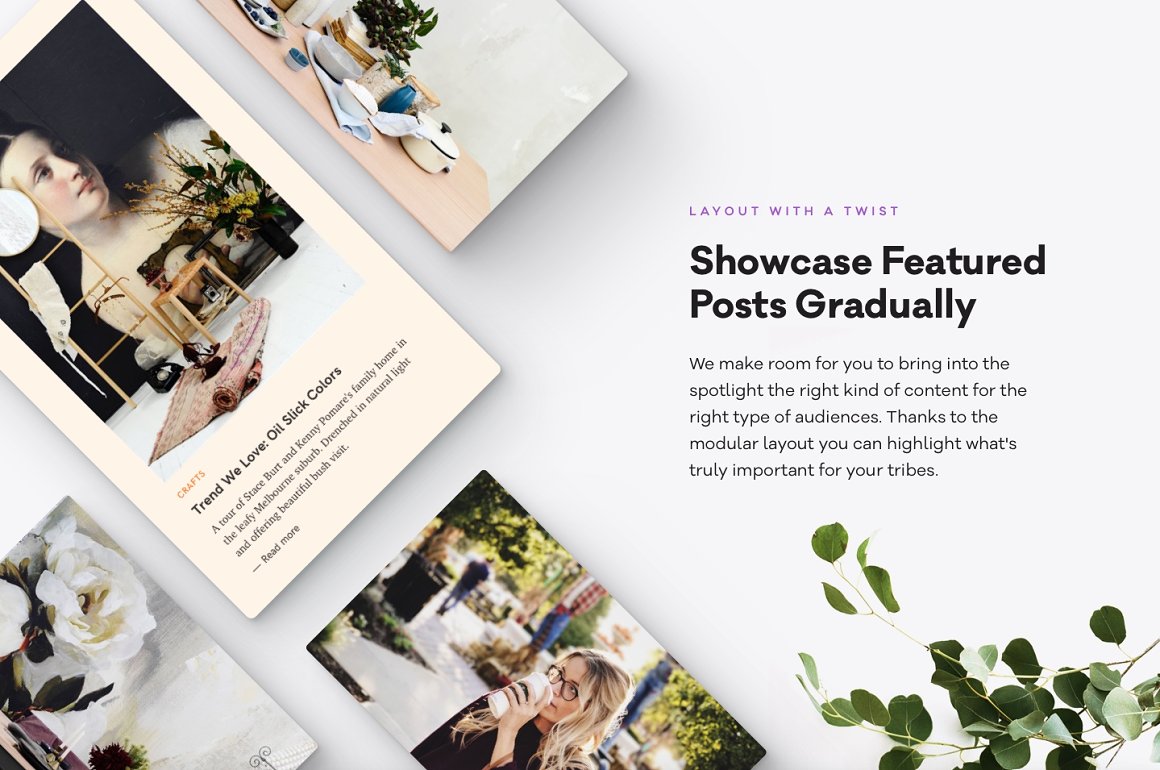 Different templates and black lettering "Showcase Featured Posts Gradually" on a gray background.
