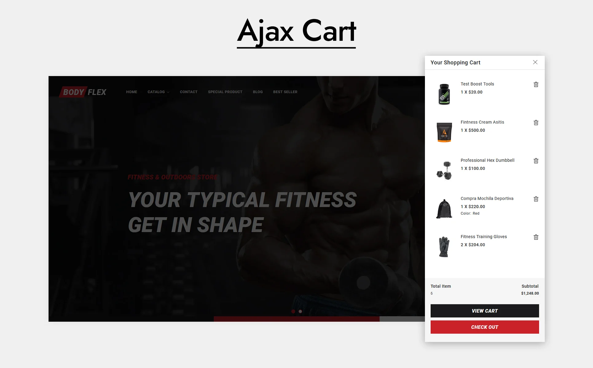 An example of a page in web version of an ajax cart in white, red and black.