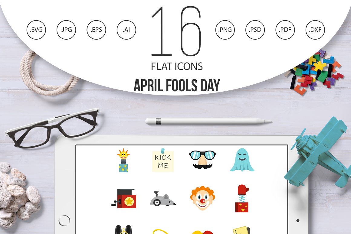 Black lettering "16 Flat Icons April Fools Day" on a white background and ipad mockup with icons.