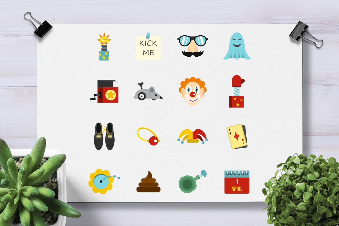 A set of 16 different april fools day flat icons on a white sheet.
