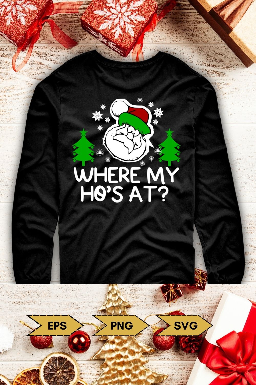 Image of a black sweatshirt with a unique print on the Christmas theme.