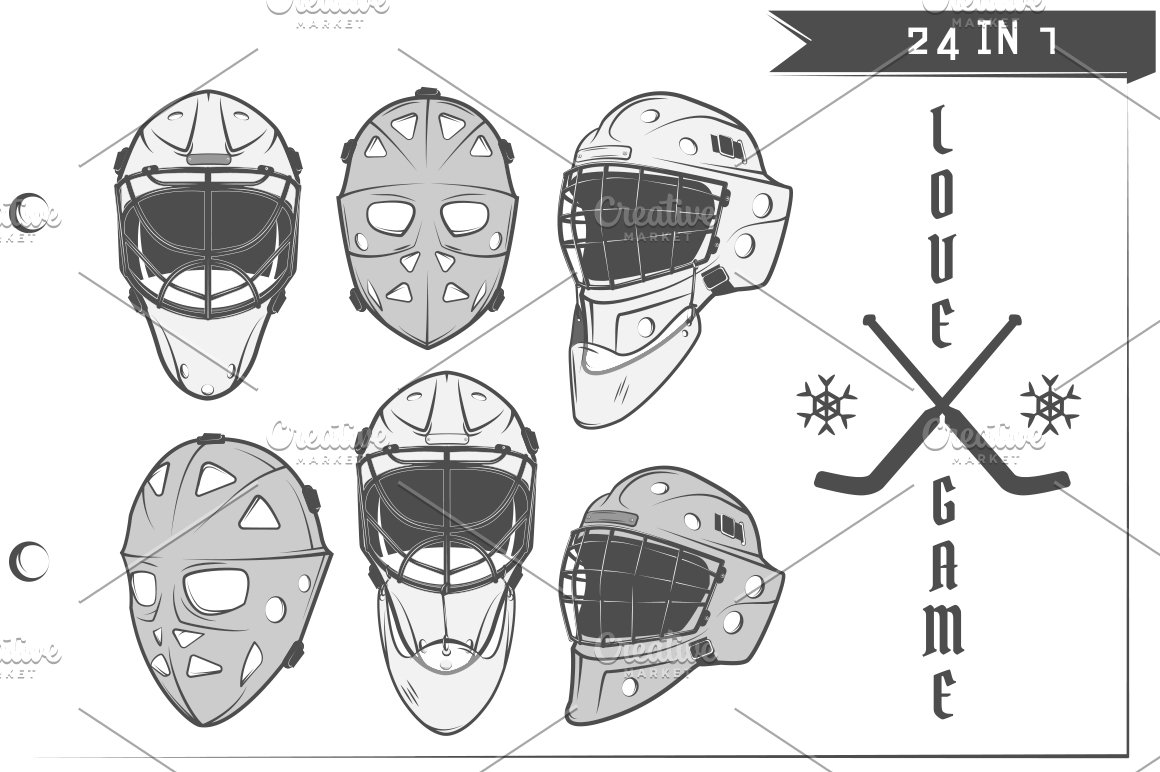 6 different illustrations of hockey helmets on a white background.